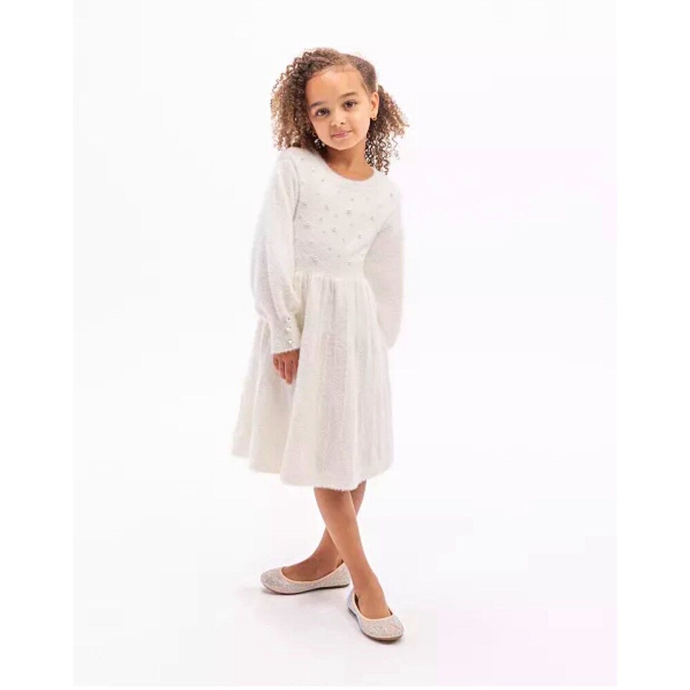 NWT Rare Editions Girls 2T White Pearl Embellished Eyelash Knit Sweater Dress
